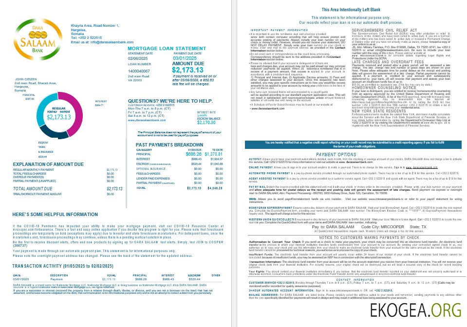 Somalie Dara Salaam relevé hypothécaire bancaire aux formats Word et PDF 1 , 2
